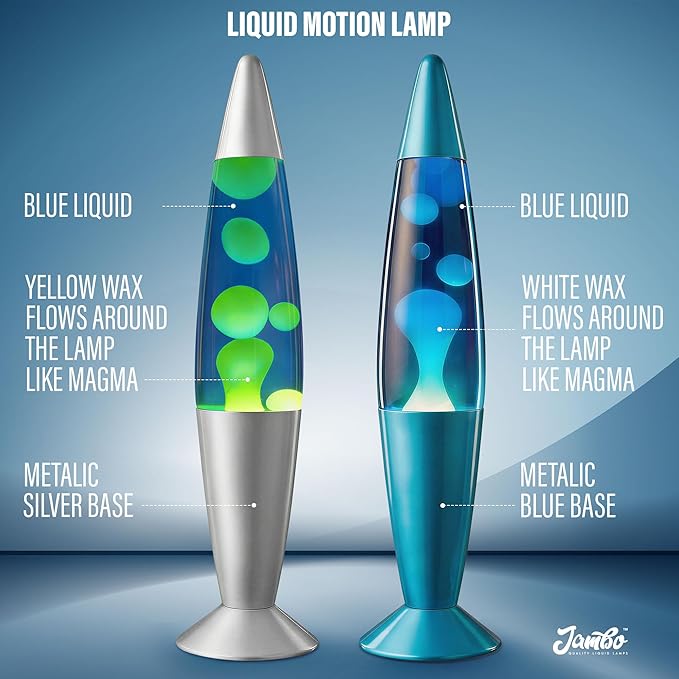 JAMBO 2 Pack- 16" Beautiful Lamp- Silver with Yellow/Green Wax and Blue with Blue/White Wax, Relaxing Liquid Lamp, Night Light Nightlight, Lamps for Adults Teens Kid