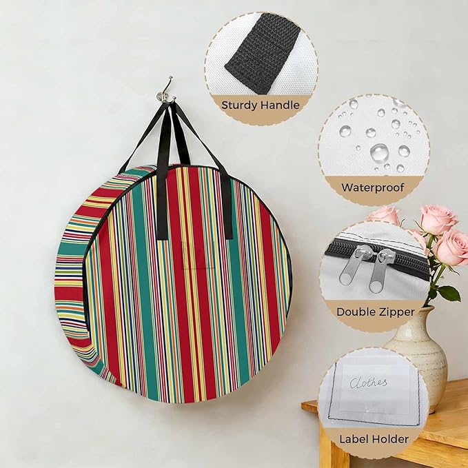 Storage Bag Red Striped Round Storage Totes Bins Closet Organizers with Zippers & Handle Geometric Green Yellow Stripes Clothes Storage Container for Bedroom Dorm Space Saving Packing Supplies Bags