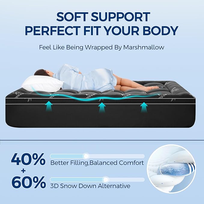Mattress Topper Full Size, Cooling Extra Thick Breathable Viscose Made from Bamboo Mattress pad, Soft Quilted Fitted Mattress Cover with 1000 GSM Down Alternative Fill (8-21”Deep Pocket) Dark Gray