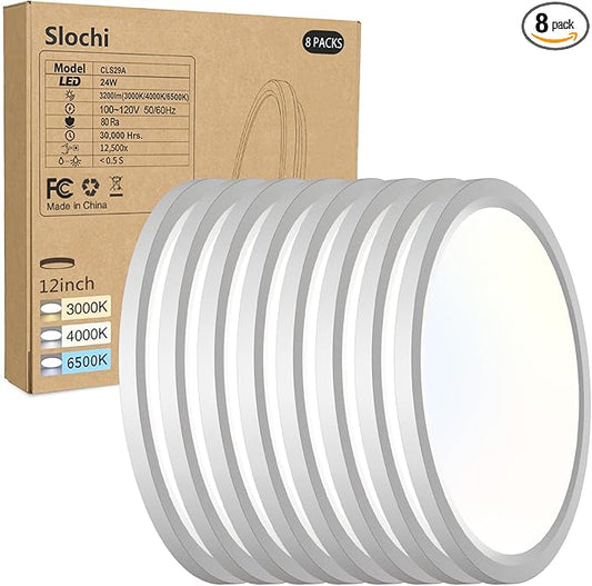 8PACK LED Flush Mount Ceiling Light Fixture, 3000K-4000K-6500K & 150W Equivalent Modern Kitchen Recessed Ceiling Lamp 24W 3200Lm 12Inch Closet Round Surface for Bathroom Laundry Bedroom Hallway