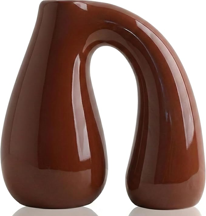 PROBENEX Brown Ceramic Decorative Pitcher Vase, 7.5 in – Glossy Sculptural Arch-Handle, Warm Earth-Tone Home Décor for Fresh or Dried Floral Arrangements, Table/Shelf/Entryway, Giftable