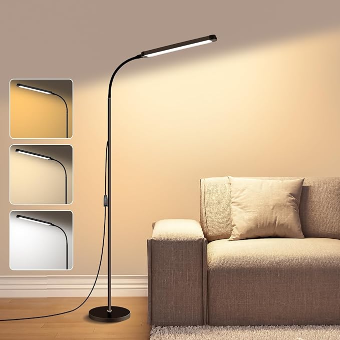 Modern LED Floor Lamp for Reading in Black, Bright 12W Dimmable Standing Light with Adjustable Gooseneck, 3 Color Temperatures, for Living Room corner, Office, Study Room, bedroom bedside nursery,lash