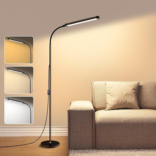 Modern LED Floor Lamp for Reading in Black, Bright 12W Dimmable Standing Light with Adjustable Gooseneck, 3 Color Temperatures, for Living Room corner, Office, Study Room, bedroom bedside nursery,lash