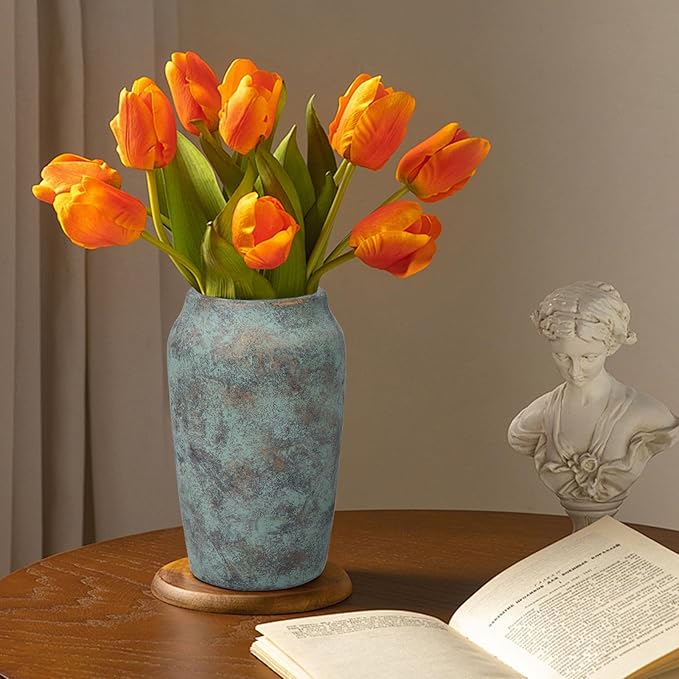 Briful Rustic Vintage Ceramic Vase, 9.06'' Farmhouse Table Decor with Wide Mouth, Large Decorative Vase for Home Decor, Living Room, Entryway & Shelf Styling, Patina