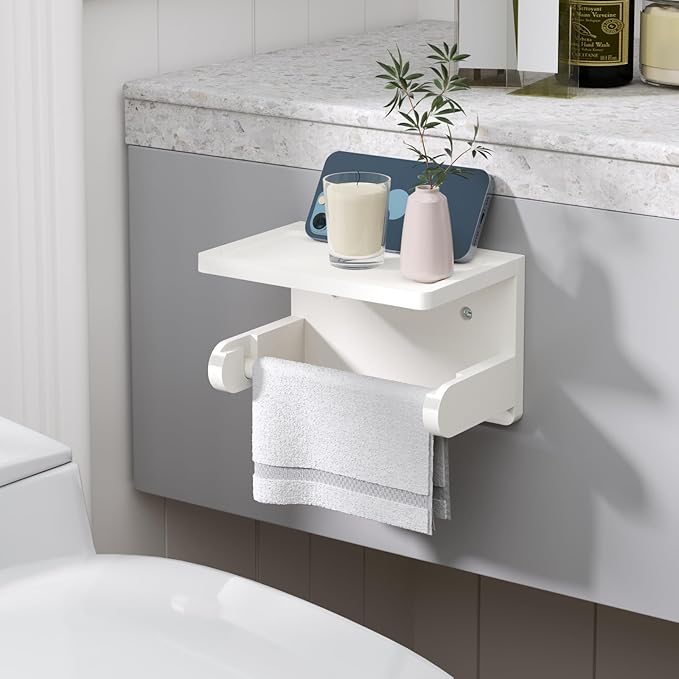 VERTORGAN 2 Pack Toilet Paper Holder with Phone Shelf,Bamboo Wall Mounted Tissue Roll Holder for Bathroom (White)