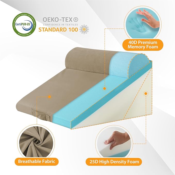 Ruqmuis 3PCS Wedge Pillow Set for After Surgery, Adjustable 9&12 Inch Bed Wedge Pillow for Sleeping, Incline Pillow Wedge for Headboard, Post Surgery, Acid Reflux, Neck&Back Support, Plush Brown