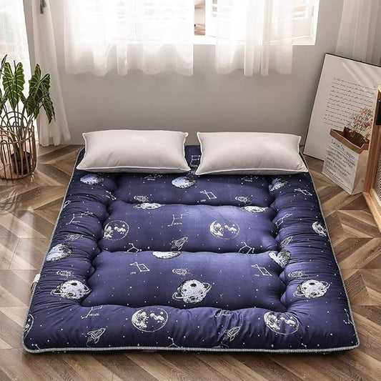 MAXYOYO Navy Space Adventure Japanese Floor Futon Mattress, Thicken Tatami Mat Sleeping Pad Foldable Bed Roll Up Mattress Floor Lounger Bed Couches and Sofas for Kids Queen Size