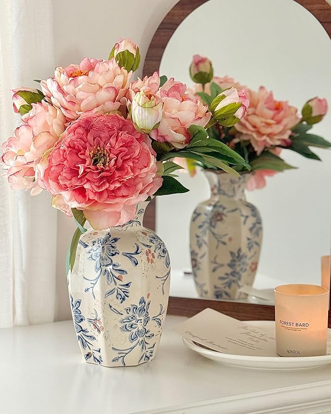 Vintage Chinoiserie Ceramic Vase, Porcelain Decorative Flower Vase for Centerpiece Living Room Table Shelf, Blue and White Country Decor