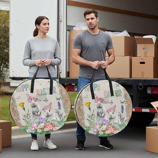 24 Inch Round Storage Bag 2 Pack,Wild Grey Animals Bunny with Easter Colored Egg Waterproof Wreath Storage Container with Handles&Zipper Spring Grass Closet Organizer Bags Garland Box