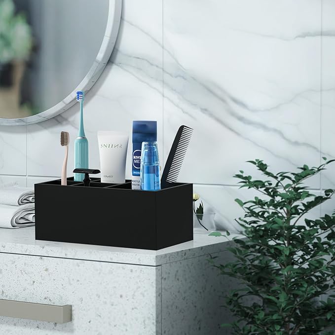 Electric Toothbrush Holder, 5 Slots Resin Toothbrush Holders with Drain Hole Bathroom Vanity Organizer Countertop Storage for Toothbrush Toothpaste Sink Bathroom Accessories, Matte Black