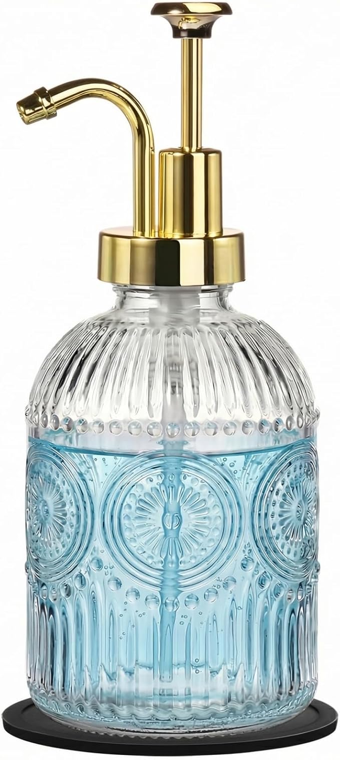 SheeChung 12Oz Vintage Glass Bathroom Soap Dispenser, Kitchen Dish Soap Dispenser with Pump, Refillable Liquid Hand Soap Bottle, Lotion, Antique Rustic Farmhouse Decor (Clear-Gold Pump, 1 Pack)