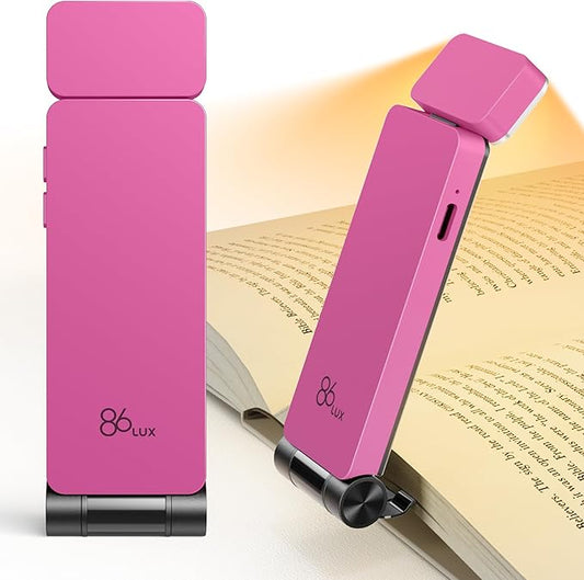 86lux Book Light, Rechargeable Reading Lights for Books in Bed, Ultralight Clip-on LED Bookmark Lamp with 3 Amber Colors & Stepless Dimming for Night Reading for Book Lovers, Kids, Hot Pink