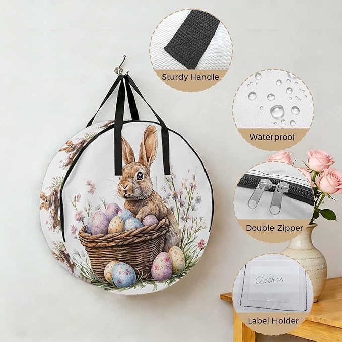 30 Inch Round Storage Bag 2 Pack,Easter Bunny Egg Basket on White Waterproof Wreath Storage Container with Handles&Zipper Spring Pastoral Plant Closet Organizer Bags Garland Box