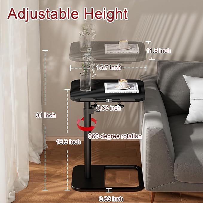 GOYLSER TV Tray Table Adjustable Height, Flip-Top, Snack Side Table with 360° Swivel and 180° Tilt, C Shaped End Table for Couch, Sofa, Dinner Eating and Recliner (Black)