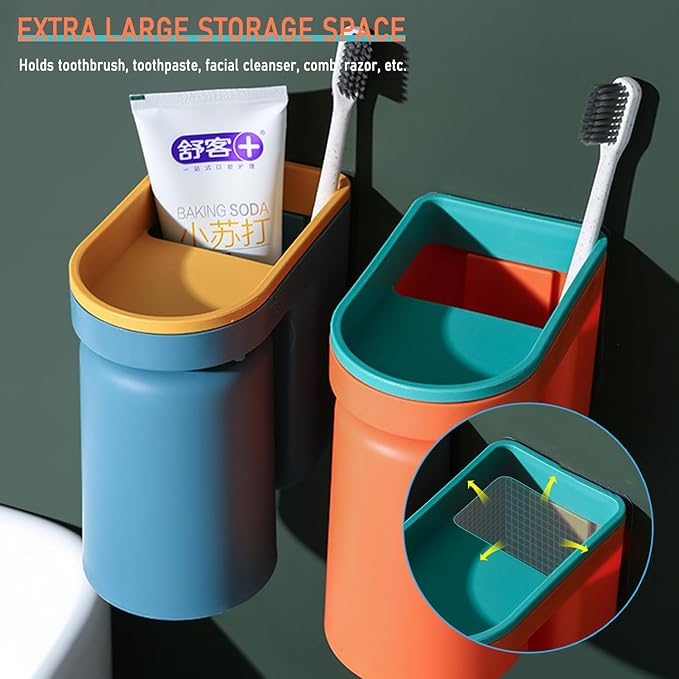 Toothbrush Holder Wall Mounted with Cup,2-in-1 Toothbrush Holders & Cups Set,Inverted Design for Easy Cleaning and draining,Stick-on Toothbrush Holder for Bathroom (Green)