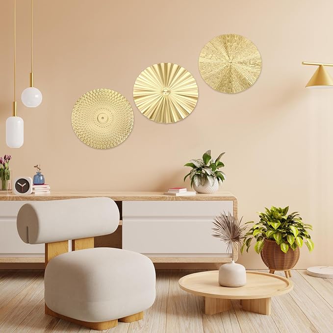 HOFURME 3 Pcs Gold Wall Art Decor, Gold Metal Wall Decor Starburst Round Wall-Hangings for Living Room, Bedroom & Office - Modern Golden Wall-Accents (9.64", 9.64", 9.84", Iron)