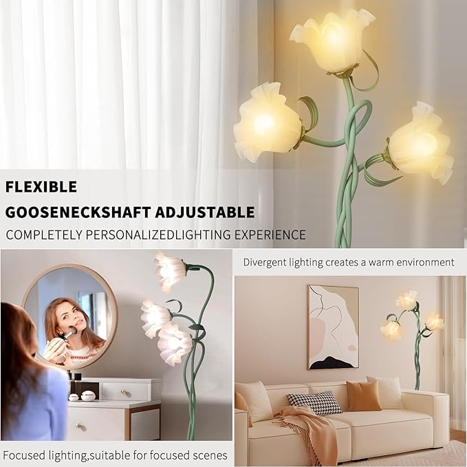 Flower Floor Lamp for Living Room, Tall Flower Reading lamp with Flexible Neck Shaft for Bedroom Decor, Modern Corner Floor Lamps with 3-Color Temperatures LED Bulb