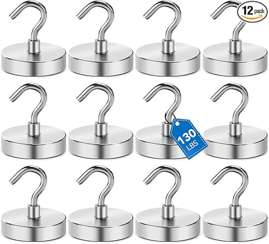 LOVIMAG Strong Magnetic Hooks, 130lbs Magnetic Hooks for Cruise Cabins, Magnet Hooks for Cruise Ship Essentials, Rare Earth Magnets with Hooks for Refrigerator,Hanging,Classroom,Kitchen-12 Pack
