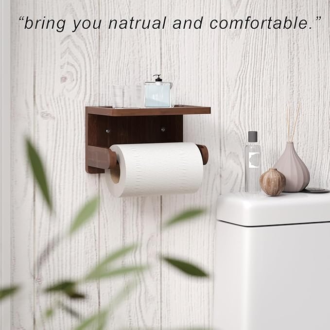 VERTORGAN 2 Pack Toilet Paper Holder with Phone Shelf,Bamboo Wall Mounted Tissue Roll Holder for Bathroom(Brown)