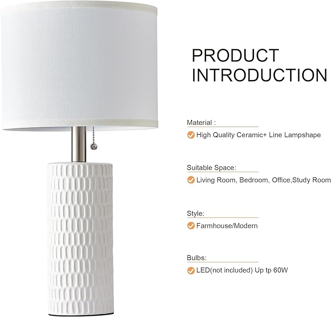 Reaketon 20" Small Ceramic Table Lamps for Bedroom Set of 2, Modern Lamps for Night Stands, Farmhouse Table Lamps for Living Room, Home Office and Hallways,White
