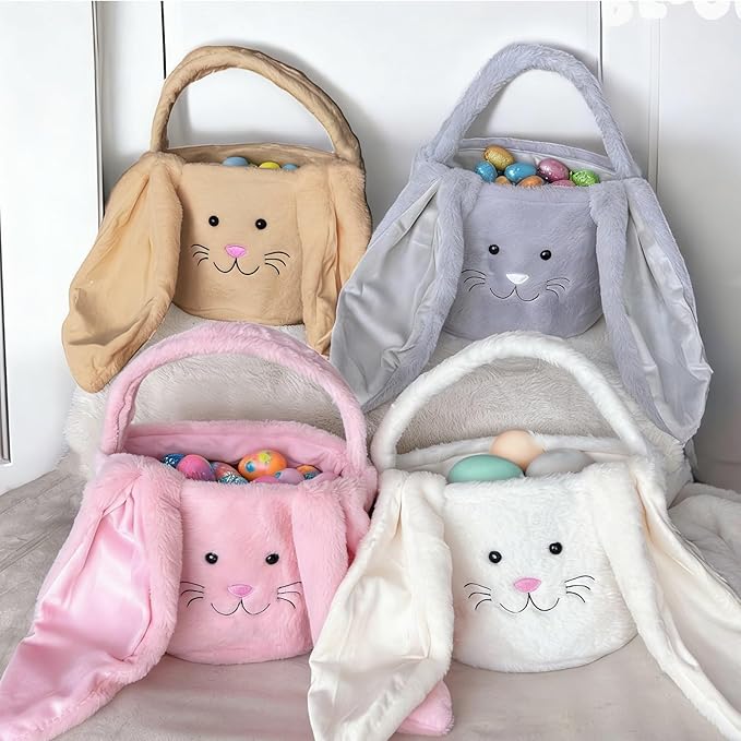 Plush Bunny Easter Egg Handbag Set, 2026 New Easter Storage Basket, 12 Openable Easter Eggs(White)