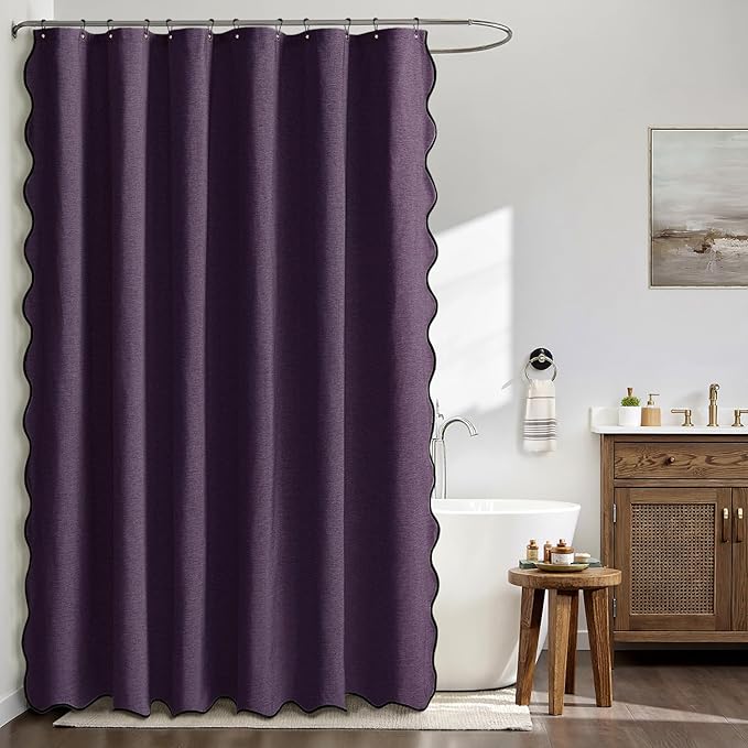 MIULEE Purple Scalloped Shower Curtain Linen Textured with 12 Metal Hooks Cute Heavy Duty Washable Waterproof Thick Cloth Shower Curtains with Black Border for Bathroom Hotel Bathtub,W72*L72