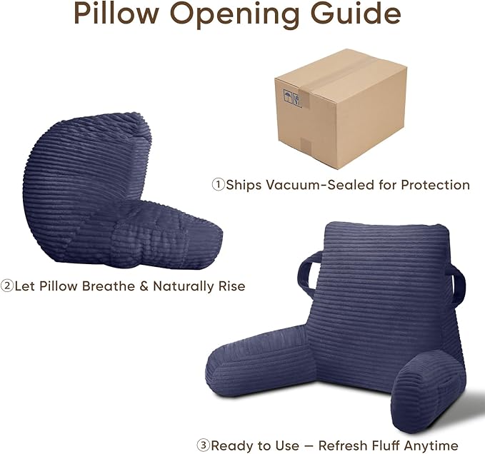 Reading Pillow for Sitting in Bed Adult, Bed Reading Pillow with Shredded Memory Foam, Back Pillow for Sitting with Arms and Pockets, Deepblue