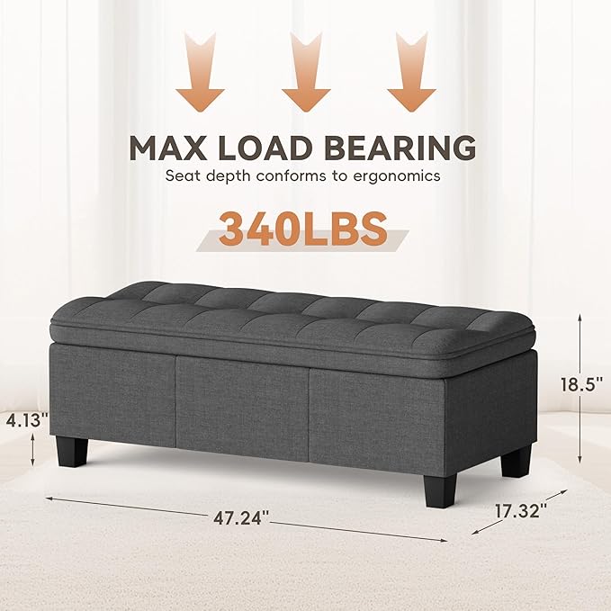 YESHOMY 47 Inches Ottoman with Storage, Storage Bench with Legs, Ottomans for Living Room, Entryway, Adjustable & Movable, Easy Assembly, Deep Grey Linen