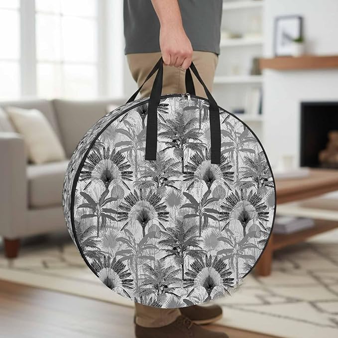 Summer Grey Round Storage Bag 30 Inch, Palm Banana Tropical Plants Watercolor Clothes Storage Container with Handles Heavy Duty Organizer for Comforter, Bedding & Holiday Wreaths