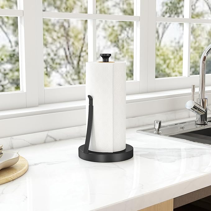 Jesginboo Countertop Paper Towel Holder for Kitchen, Stainless Steel Tension Arm for One-Handed Tear, Stainless Steel Paper Towel Holder Stand for Kitchen Bathroom, Black