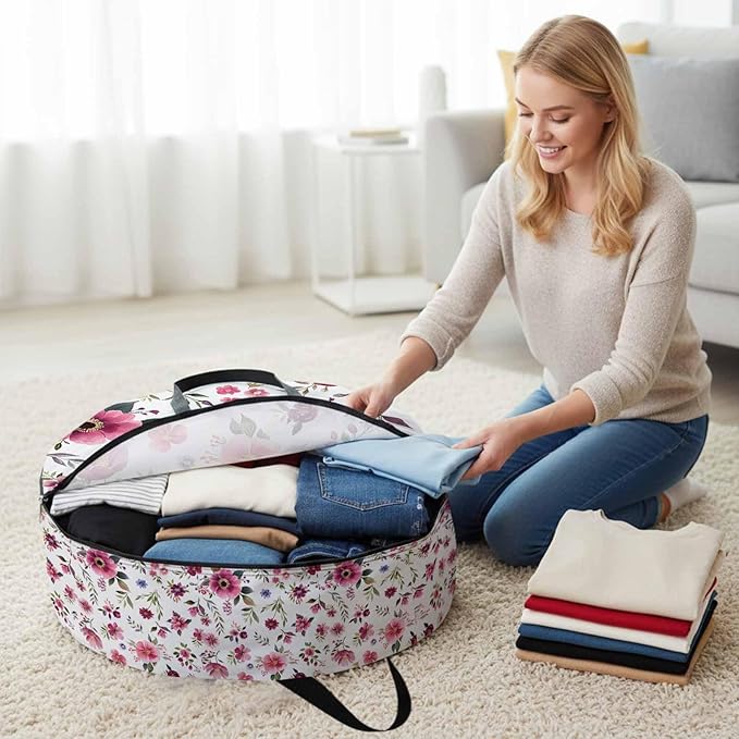 Spring Flowers Round Storage Bag 36 Inch, Pink Wildflowers Leaf Watercolor Floral Plants Clothes Storage Container with Handles Heavy Duty Organizer for Comforter, Bedding & Holiday Wreaths