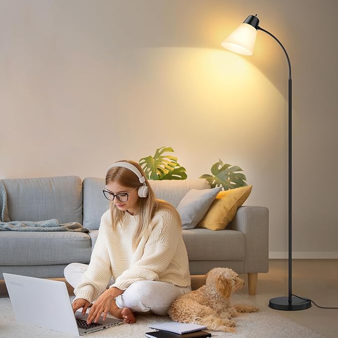 Coucrek Floor Lamp for Living Room, Adjustable Head Standing Lamp with White Plastic Shade, Black Reading Floor Lamps for Dorm, Bulb not Included