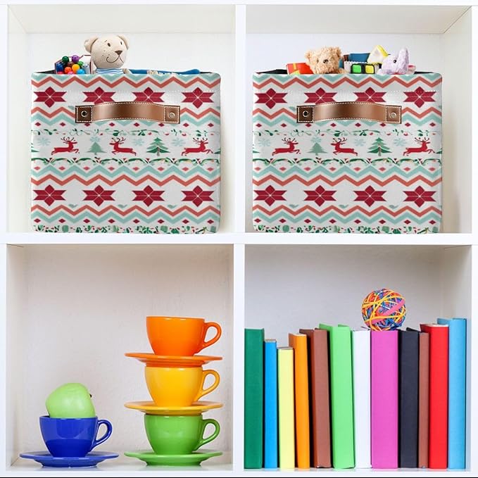Christmas Storage Box, Canvas Foldable Organizer with Reindeer Pattern, 14.2x10.2x8.3 Inches, Brown Leather Handles, for Bedroom Closet Storage