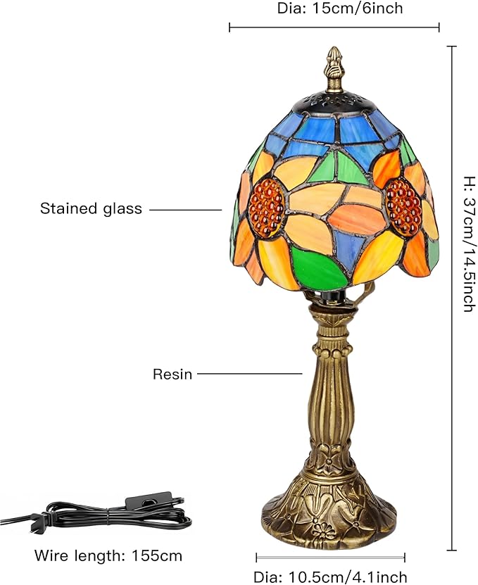 Tiffany Style Table Lamp, 6 Inch Sunflower Stained Glass Lamp, Small Antique Bedside Night Lamp for Bedroom, Living Room, Office, Included LED Bulb