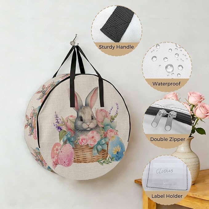 36 Inch Round Storage Bag 1 Pack,Easter Egg Cute Bunny on Basket Waterproof Wreath Storage Container with Handles&Zipper Colorful Flower on Burlap Closet Organizer Bags Garland Box