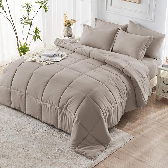 JOLLYVOGUE Twin Comforter Set, Ultra-Soft Bed in a Bag Twin Size 5 Pieces, Oeko-TEX Certified Bedding Set with Down Alternative Comforter, Sheets, Pillowcases & Shams, Khaki