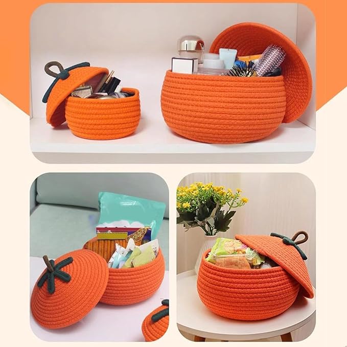 Pumpkin Basket with Lid, Halloween Woven Storage Basket Woven Storage Basket Halloween Pumpkin Design, Decorative Seasonal Rope for Keys, Books