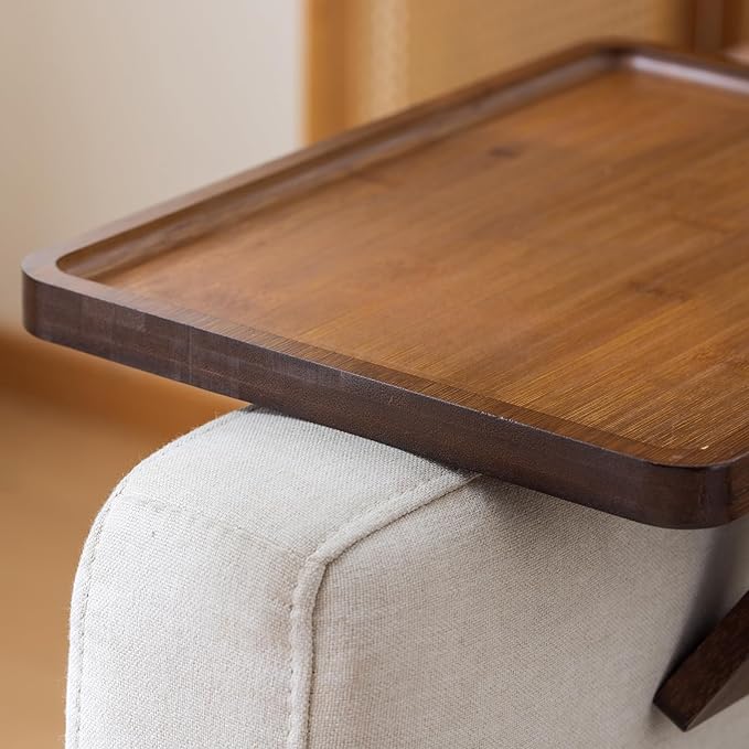 Bamboo Sofa Arm Tray Table, Foldable Clip-on Side Table, Wide Couch Cup Holder (Brown)
