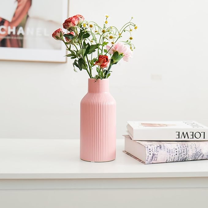 Bohemian Pink Ceramic Vase - for Pampas Grass, Mantel, Bookshelf, Entryway and Living Room Decor (Pink, 8in)