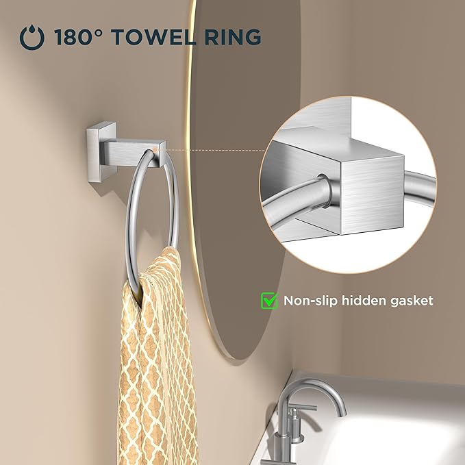 FORIOUS Toilet Paper Holder and Hand Towel Ring Set, SUS 304 Stainless Steel Double Post Pivoting Tissue Roll Holder Wall Mount, Modern Bathroom Hardware Accessories Set, Brushed Nickel