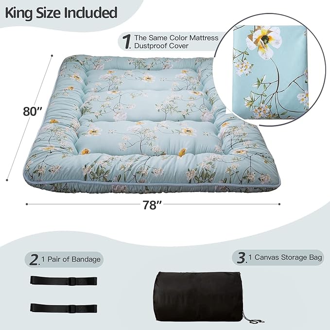 MAXYOYO Rustic Floral Korean Floor Mattress Japanese Futon Mattress, Foldable Roll Up Camping Mattress Floor Lounger Couches and Sofas Mattress Topper King Size