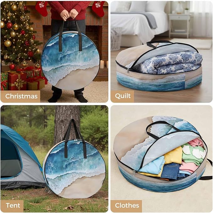 Abstract Waves Round Storage Bag 24 Inch, Blue White Ocean Spray Seaside Watercolor Clothes Storage Container with Handles Heavy Duty Organizer for Comforter, Bedding & Holiday Wreaths