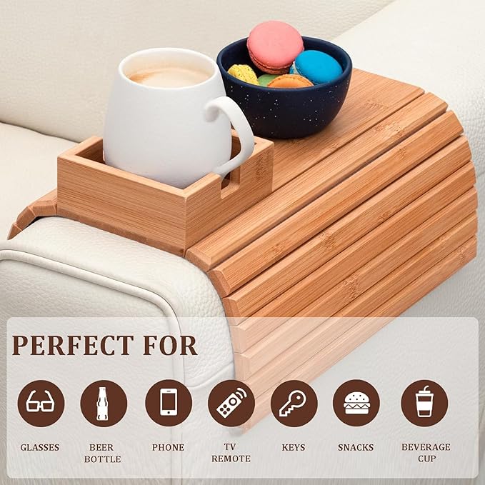 Sofa Arm Tray Table with Cup Holder, Bamboo Couch Armrest Organizer for Remote, Phone, Snacks, Foldable Non-Slip Couch Arm Table Fits Most Sofas, Couches and Recliners