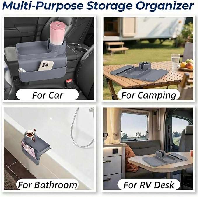 Silicone Couch Cup Holder Tray, 3-Side Sofa Armrest Organizer with Secure Gear-Shaped Locking Holder & Large Tablet Slot, Non-Slip Weighted Armchair Caddy, Couch Accessories (Grey)