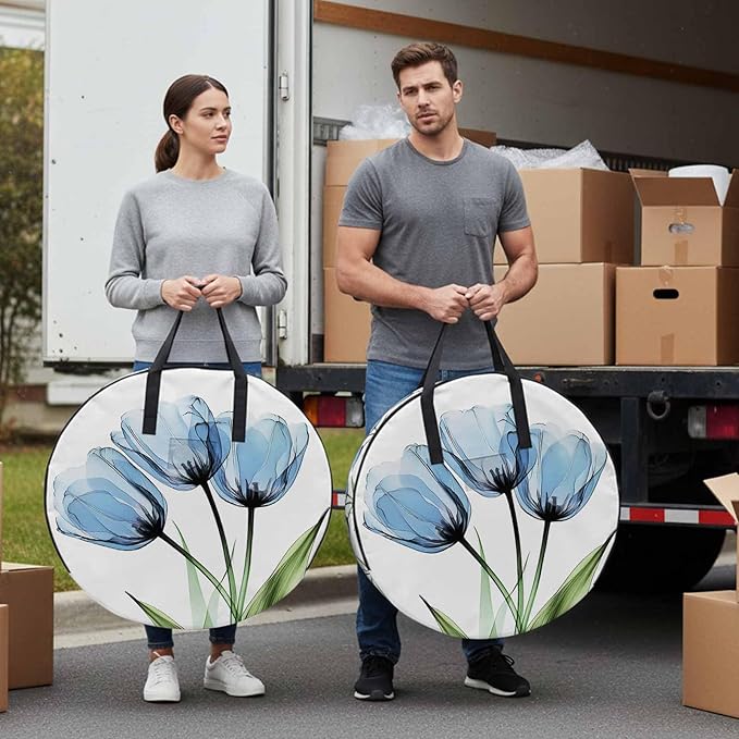 Blue Tulip Round Storage Bag 36 Inch, Country Flower Farmhouse Clothes Storage Container with Handles Heavy Duty Organizer for Comforter, Bedding & Holiday Wreaths