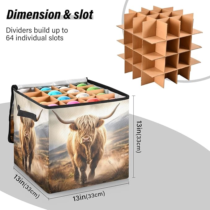 Kigai Highland Cow Christmas Ornament Storage Box with Zipper & Adjustable Dividers Holiday Ornament Organizer Xmas Storage Container, 64 Balls