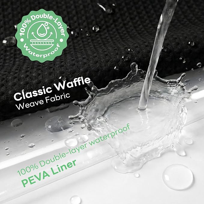 Dynamene Black Shower Curtain and Liner Set, Waffle Weave Fabric, Waterproof Clear Liner, 256GSM Heavy Duty Weighted Hotel Luxury Cloth Shower Curtains for Bathroom with 12 Plastic Hooks, 72Wx72H