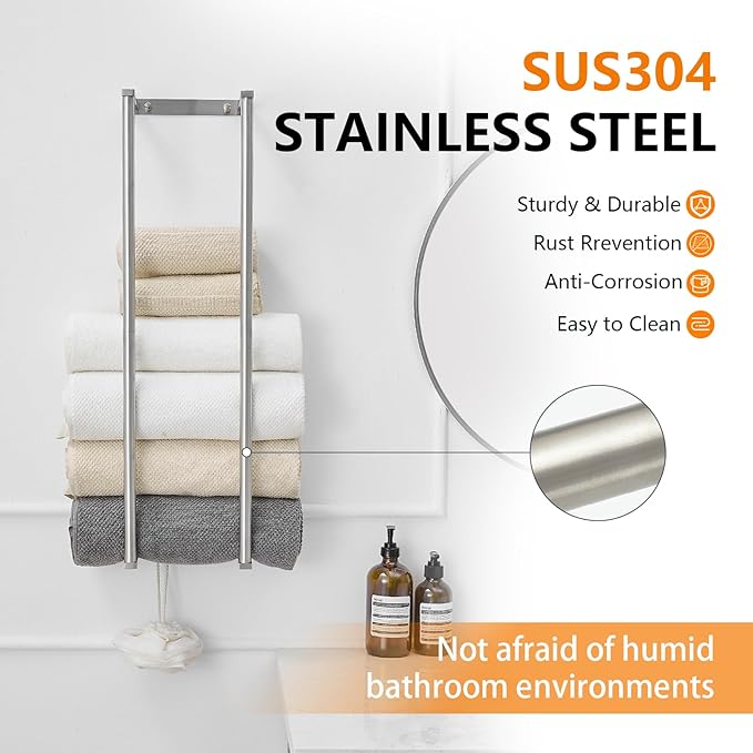 BWE Brushed Nickel Towel Racks for Bathroom, 28" Stainless Steel Bathroom Towel Holder for Rolled Towels, Wall Mounted Towel Storage for Bathroom with 2 Hooks, 6 Large Bath Towels Capacity