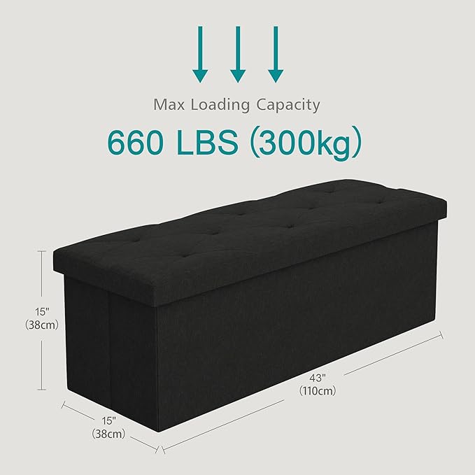VECELO 43'' Folding Storage Ottoman Bench, Storage Chest, Linen Fabric Foot Rest Stool, 158L Storage Footstools for Bedroom and Living Room, Holds up to 660 lbs, JBlack