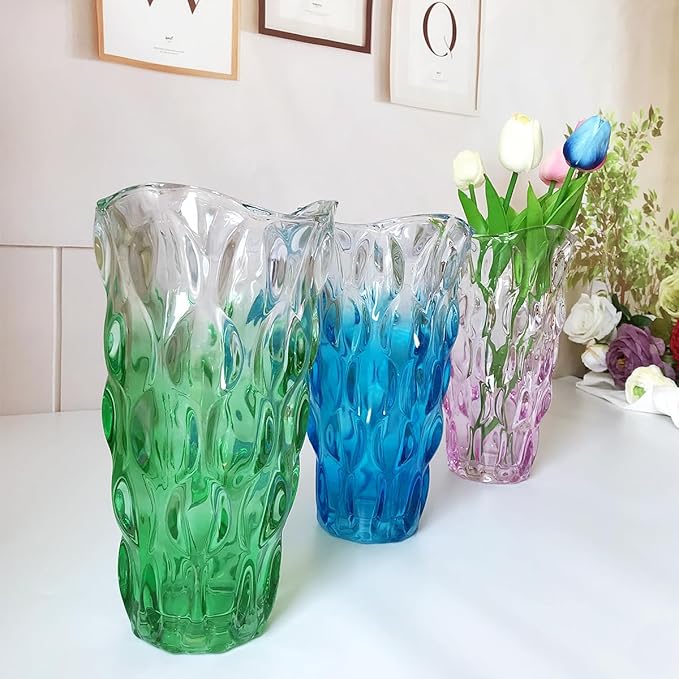 Unbreakable Flower Glass Vase 3.5lb 9.5inch Sparkle vase Bohemian Style, for Centerpieces,Kitchen,Office, Living Room,Wedding,Perfect Home Decor Glass Vase (Gradient Green)